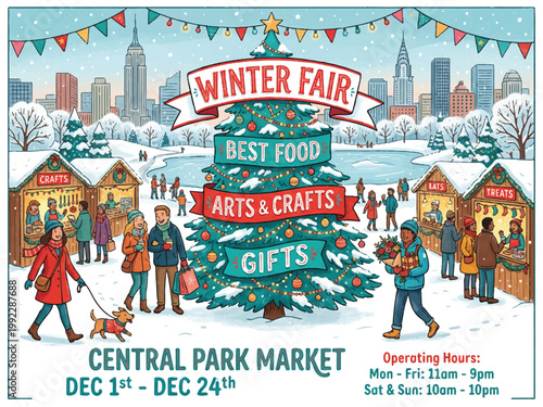 Winter fair in central park with people walking around and christmas tree in center with food arts and crafts and gift signs  people shopping at vendor stalls