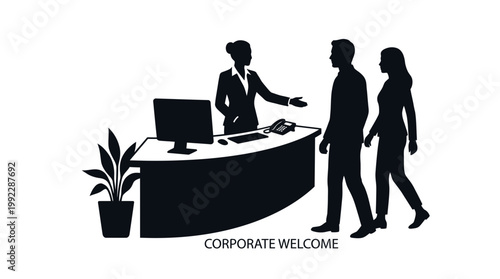 Business people walk into office with receptionist silhouette vector graphic