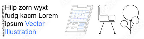 Business analytics, minimalist design, workspace setup, planning tools, modern furniture, nature elements. A data chart on a clipboard, a chair and abstract trees. Business analytics and minimalist