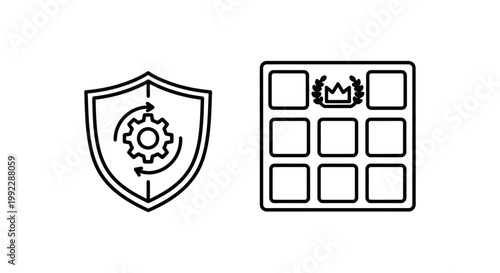 Asset governance and governance matrix icons - shield with gear and grid with crown governance management administration regulation compliance strategy structure organization operation
