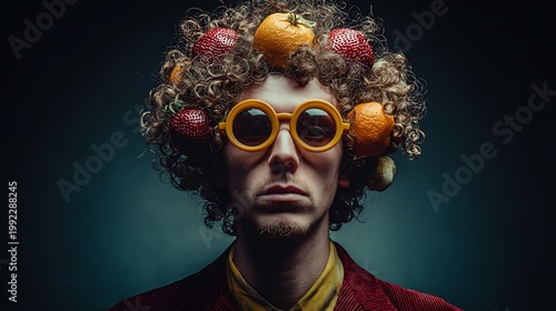 A man's portrait, he wears quirky sunglasses, hair made from fruits with a red jacket