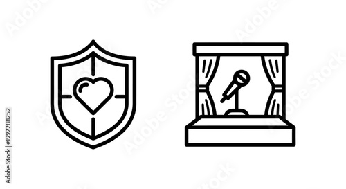 Loyalty shield icon with heart and stage icon with microphone performance minimalist isolated representation communication speaking celebrity recognition business security