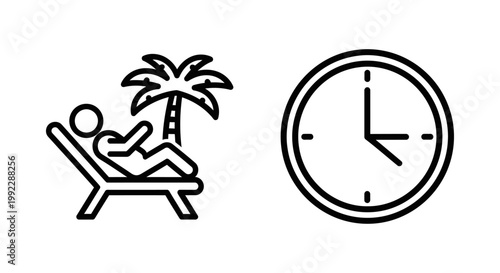 Person relaxing on lounge chair under palm tree and clock icon with silhouette minimalist isolated representation vacation schedule deadline management tropical planning