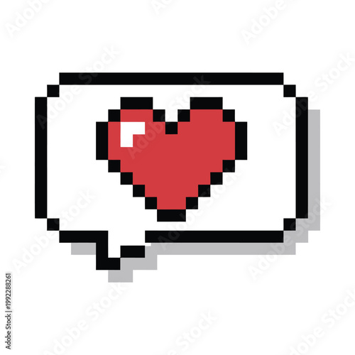 Pixel art heart in chat bubble vector icon, retro gaming style social media symbol for likes, messaging, dating apps, digital communication, love reactions, and online interaction design