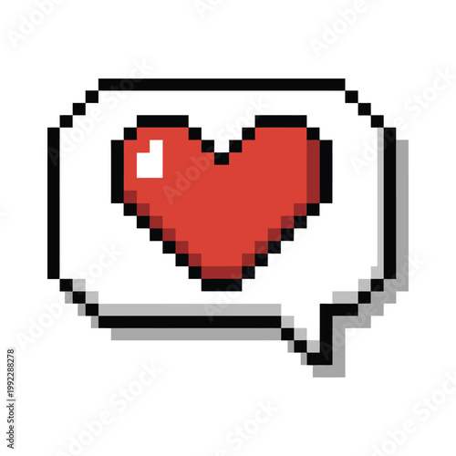 Pixel art heart in chat bubble vector icon, retro gaming style social media symbol for likes, messaging, dating apps, digital communication, love reactions, and online interaction design