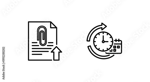 Filing and renewal icons with paperclip and clock paperclip document attachment calendar schedule illustration workflow management business administration organization deadline planning