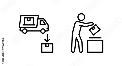 Delivery truck dropping off package and person dropping package into bin icons with delivery container logistic shipping transport collection dispatch receiving minimalist isolated movement