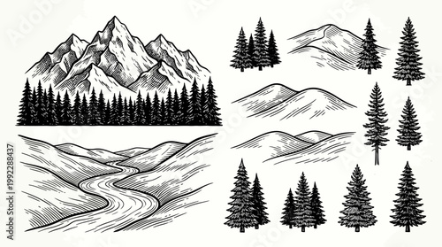 Vintage Mountain Landscape Collection - Retro Engraving Style Nature Illustration Set with Mountains, Pine Trees and River