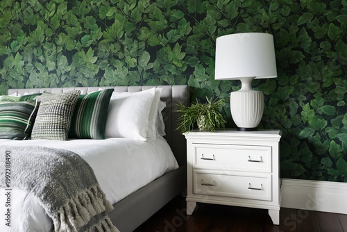 Green Leaf Wallpaper Creates a Fresh Look in a Bright Bedroom With Large Windows and Stylish Furnishings