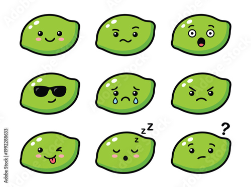 Lime Emoticon Set Expressing Various Emotions and Moods.