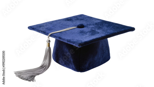 Foto Isolated dark blue graduation cap with silver tassel for academic ceremony and e