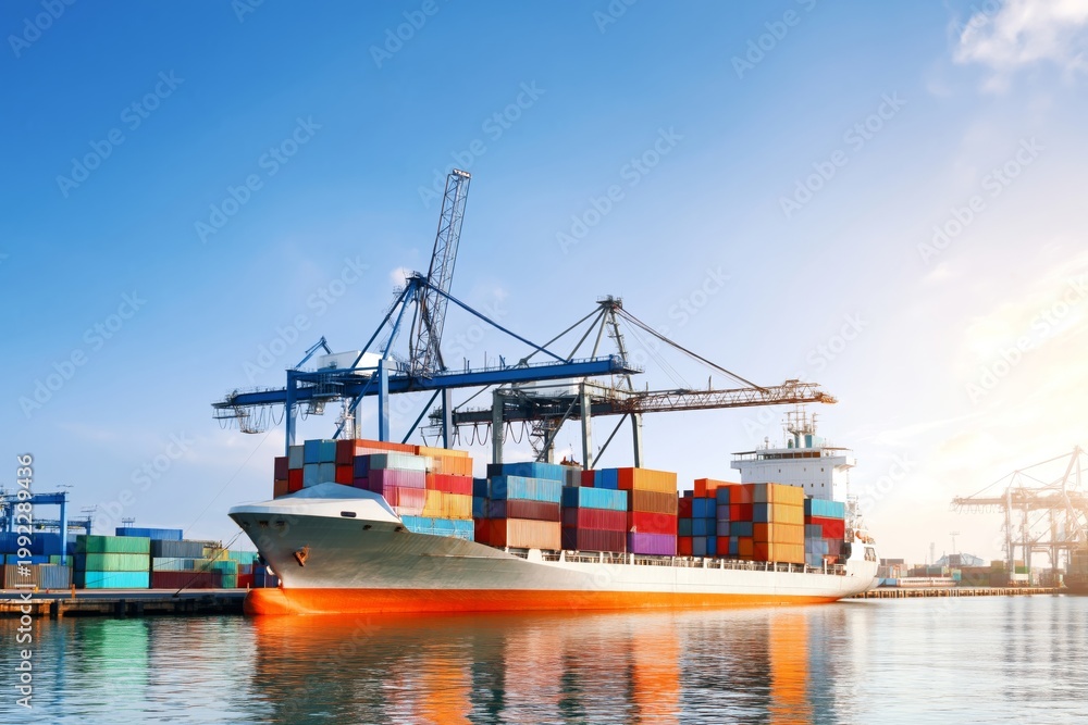 Fototapeta premium Cargo Ship Loading Containers at a Port During Early Morning Light