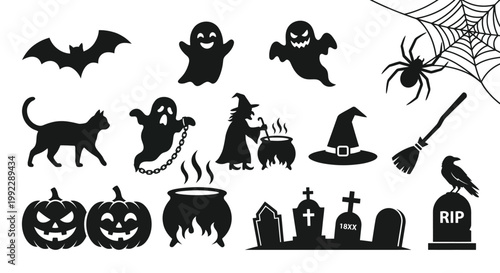 A collection of spooky halloween silhouettes including ghosts bats and pumpkins
