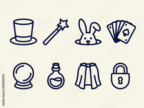 Magical Icons Hat Wand Rabbit Cards Crystal Ball Potion Cape Lock.