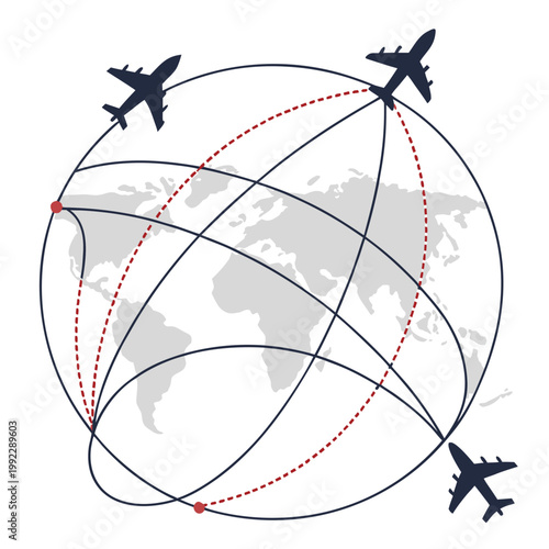 A vector graphic illustration of airplanes flying around the world with flight routes
