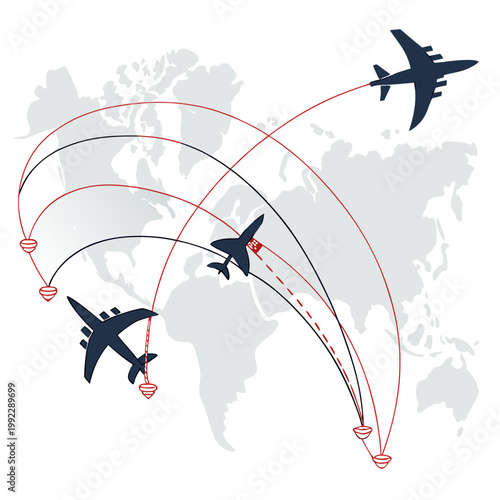 A vector graphic illustration of airplanes flying around the world with flight routes and destinations