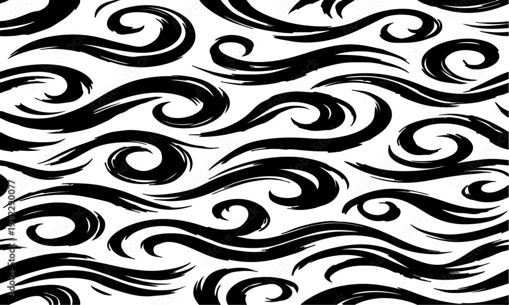 Fototapeta premium vector pattern of dynamic black brush strokes forming elegant swirls, loops, and flowing waves, featuring hand-painted ink texture in a monochrome