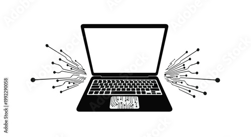 Laptop computer silhouette features integrated digital circuit patterns on white.