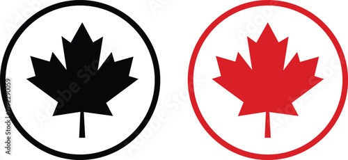 Black and Red Maple Leaf Icons in Circles vector illustration