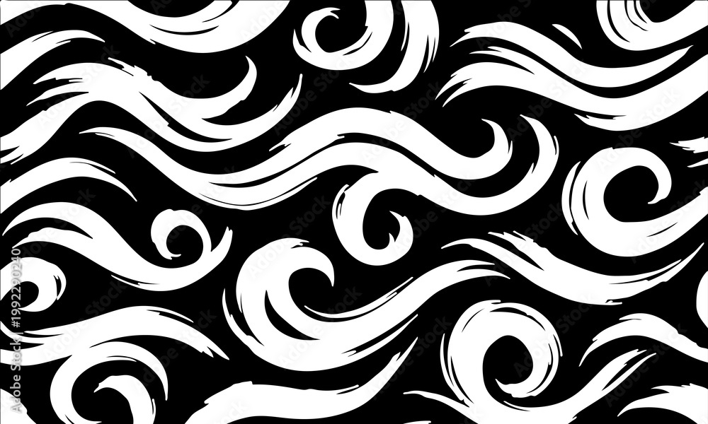 Obraz premium vector pattern of dynamic black brush strokes forming elegant swirls, loops, and flowing waves, featuring hand-painted ink texture in a monochrome