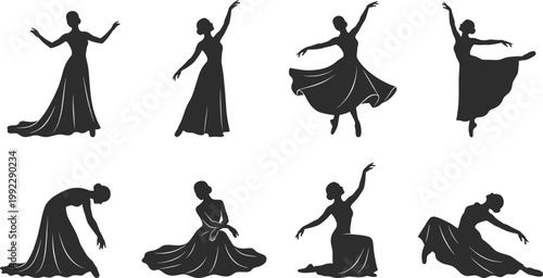 Collection of eight minimalist black female dancer silhouettes featuring ballroom gowns lyrical dance poses and graceful leaps isolated on white background.