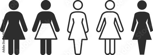 Female restroom and woman icon set with different styles including solid and outline female figures isolated on white background for signage and UI design
