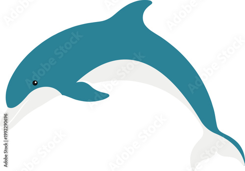 Minimalist teal and white dolphin illustration featuring leaping jumping posture with friendly aesthetic isolated on white background for marine and nature design.
