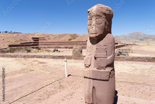 Fraile monolith statue standing in ancient tiwanaku ruins