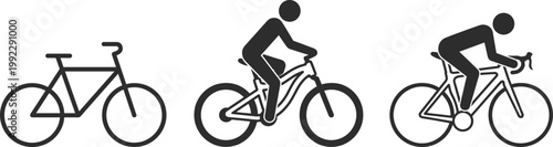 Set of three minimalist black cycling silhouettes featuring commuter bicycle mountain bike with rider and road bike in aerodynamic racing posture isolated on white background.