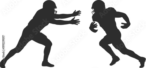 Set of two minimalist black American football silhouettes featuring a defensive player tackling a running back with ball isolated on white background.