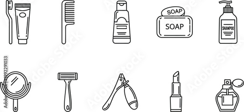 Minimalist vector illustration set of essential personal hygiene, grooming, and cosmetic products for daily self-care routine.