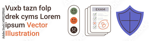 Data security, education, feedback, evaluation, protection, scoring system. A shield, checklist with grades emotion scale. Data security and education displayed with visual clarity