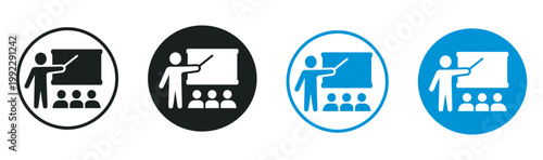 Speaker presentation icon, audience classroom conference setting, corporate training education seminars public speaking, flat minimalist design, web app UI, vector