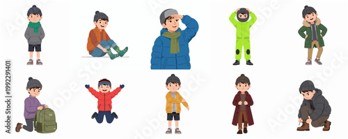 Collection of Cute Boy Cartoon Characters in Different Winter Outfits and Various Poses Isolated on White Background