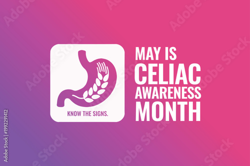 Celiac Awareness Month May graphic for campaigns, health screening promotions, and dietary education, with stomach and wheat