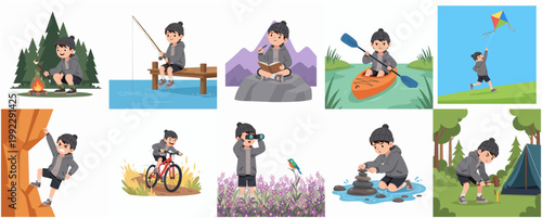 Vector Illustration Set of a Boy Engaging in Outdoor Activities, Camping, Fishing, Hiking, and Nature Exploration Hobbies