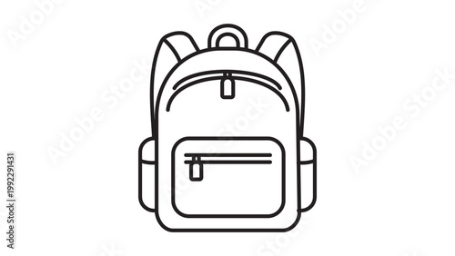 School Backpack Minimalist Black Line Vector Icon on White Background. This Editable Stroke Vector Illustration features a classic rucksack design with zippers and pockets for travel and study.