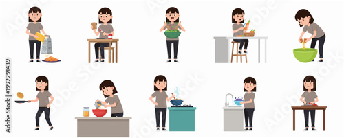Collection of woman character cooking and preparing various healthy meals in the kitchen