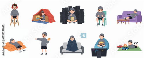 Collection of Cartoon Little Boy Character in Various Daily Activities and Emotions Vector Illustration