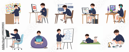 Cute child programmer character set engaged in coding, debugging, gaming, robotics, and problem solving