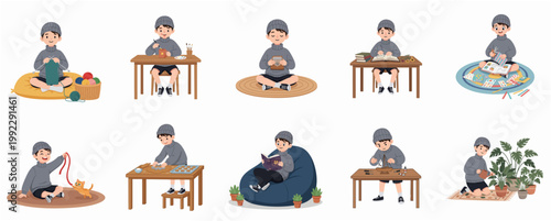 Collection of Illustrations of a Young Boy Enjoying Various Creative Hobbies and Indoor Activities
