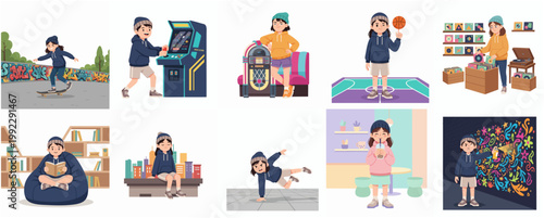 Youth Urban Lifestyle and Hobbies Collection featuring Skateboarding, Gaming, Music, Sports, and Street Art Illustrations