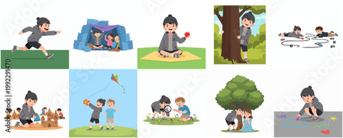 Cute boy character collection featuring various childhood activities like playing, learning, and exploring
