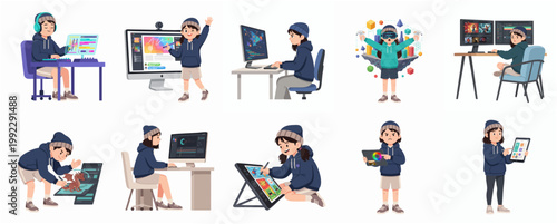 Creative Children and Youth Engaging in Digital Arts, Coding, Music Production, and Virtual Reality Illustration Set