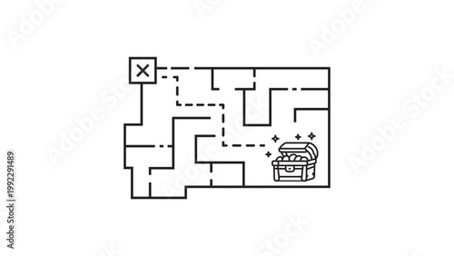 Minimalist Dungeon Map Vector Icon with Treasure Chest and Path. X Marks the Spot Black Line Illustration on White Background. Editable Stroke for Customizable Adventure and Game Design.