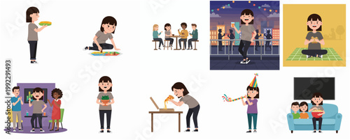 Flat Vector Illustration Set of a Young Woman's Daily Activities, Hobbies, and Social Life