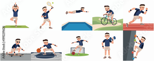Collection of Cartoon Boy Characters Performing Various Sports and Physical Activities, Including Yoga, Tennis, Swimming, Cycling, Running, Skateboarding, Soccer, and Climbing