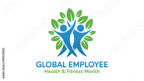 Global Employee Health & Fitness Month graphic with two blue human figures and green leaves.