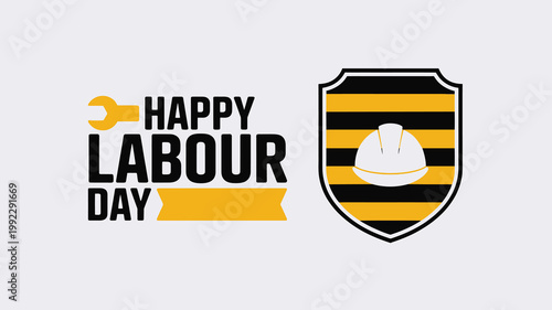 Happy Labour Day vector illustration with industrial construction helmet shield and wrench tool icon