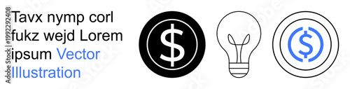 Finance, innovation, currency, creative ideas, economics, smart investment. Minimalist design dollar signs in circles and a lightbulb. Finance and innovation concept